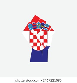 Flag of Croatia in the shape of raised hand sign isolated on background. Fist symbol modern, simple, vector, icon for website design, mobile app, ui. Vector Illustration