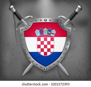 Flag of Croatia. The Shield with National Flag. Two Crossed Swords. Vector Medieval Background