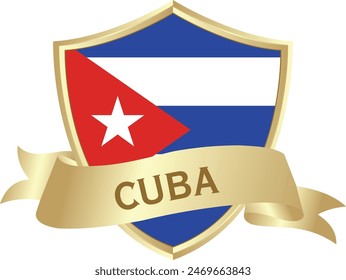 Flag of cuba as around the metal gold shield with cuba flag