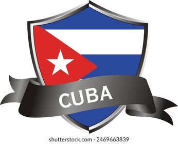 Flag of cuba as around the metal silver shield with cuba flag