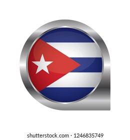 Flag of Cuba, location map pin, pointer flag, button with the reflection of light and shadow, silver frame, Icon country. Realistic vector illustration on white background.