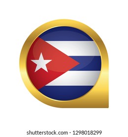 Flag of Cuba, location map pin, pointer flag, button with the reflection of light and shadow, gold frame, Icon country. Realistic vector illustration on white background.