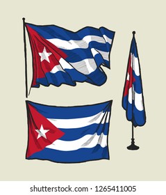 Flag of Cuba on the wind and on the wall illustration set