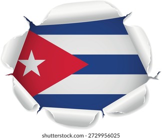 Flag of Cuba. Flag Revealed Through Torn Paper Hole with Realistic Curled Edges over a transparent background. The ripped edges curl outward with realistic shadows and depth, creating a striking reveal effect