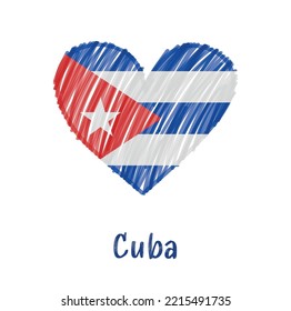 Flag of Cuba in shape of heart. Line drawing heart with Cuba flag.