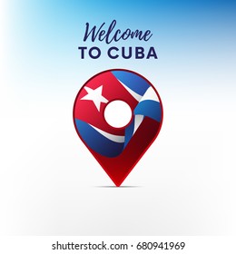 Flag of Cuba in shape of map pointer or marker. Welcome to Cuba. Vector illustration.