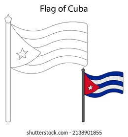 Bandera de Cuba. Esbozo. Ilustración vectorial. Libro de colorear. El lienzo de tela está decorado con rayas, un triángulo y una estrella. El símbolo nacional del estado se desarrolla en el viento. 