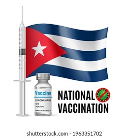 Bandera de Cuba con Jeringa de Vacunación y Vial de Antibiótico para Vacunación. Concepto de salud y vacunación nacional con bandera cubana