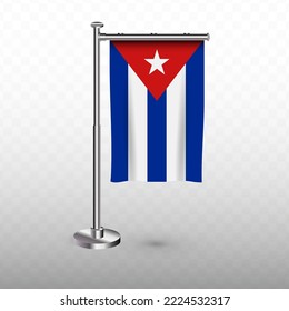 Flag of Cuba. Vector illustration of a vertical hanging flag with flagpole on a transparent background (PNG).