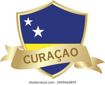 Flag of curacao as around the metal gold shield with curacao flag