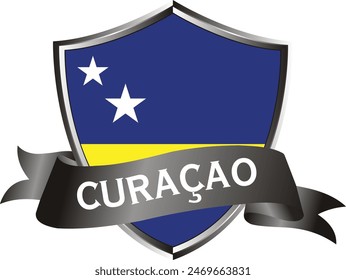 Flag of curacao as around the metal silver shield with curacao flag