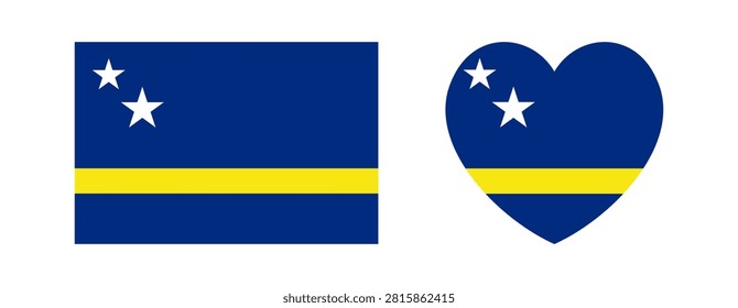 Flag of Curacao heart, rectangle icon, sticker. Curacao flag island heart, rectangular badge, button. National Curacao flag banner, background.
