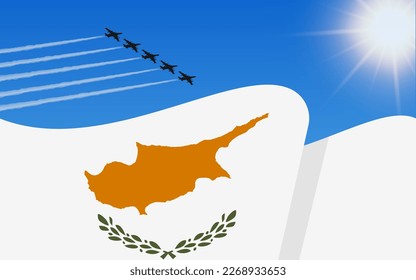 Flag of Cyprus and a fighter plane formation flying in the sky. 1th October Independence day Cyprus. Military aviation in the blue sky. Vector illustration