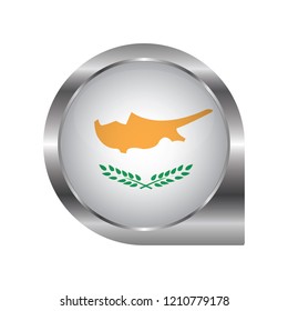 Flag of Cyprus, location map pin, pointer flag, button with the reflection of light and shadow, silver frame, Icon country. Realistic vector illustration on white background.