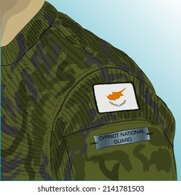 Flag of Cyprus on soldier arm. National Guard of Cyprus.