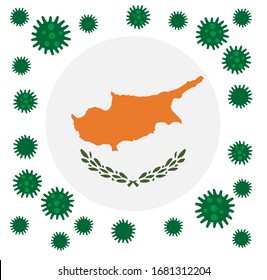 Bandera de Chipre con brote mortal de coronavirus covid-19. Cartel con la propagación de la cepa del virus Coronavirus 2019-nCoV. Una gran bacteria coronavirus en el fondo de la bandera nacional