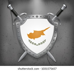 Flag of Cyprus. The Shield with National Flag. Two Crossed Swords. Vector Medieval Background