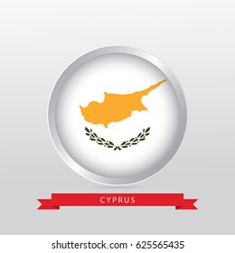 Flag of Cyprus in shiny circle with red ribbon on gradient gray background.