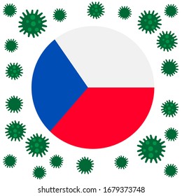 Flag of Czech republic with outbreak deadly coronavirus covid-19. Banner with the spread of Coronavirus 2019-nCoV virus strain. A large coronavirus bacteriums against background of the national flag C