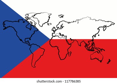 The flag of Czech Republic with the outline of the world