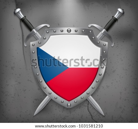 Flag of Czech Republic. The Shield with National Flag. Two Crossed Swords. Vector Medieval Background