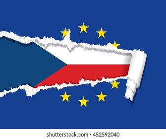 Flag of Czech Republic under ripped flag of the European Union, vector illustration.