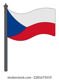 Flag of the Czech Republic. Vector illustration. The fabric canvas is decorated with two stripes and a triangle. The national symbol of the state develops in the wind. Cartoon style. 