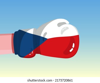 Flag of Czechia on boxing glove. Confrontation between countries with competitive power. Offensive attitude. Separation of power. Template ready design.