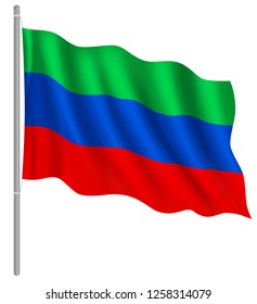 Flag of Dagestan with flag pole waving in wind. Vector illustration