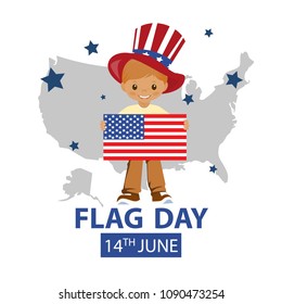 Flag Day background template. Vector illustration. The boy is holding the flag.