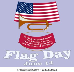 Flag Day card. Poster for June 14 Birthday of American Stars and Stripes. USA Star-Spangled Banner above vintage cavalry horn with standard and national anthem quotes. Land of Free and Home of Brave svg