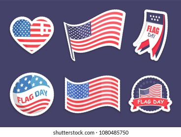 Flag day celebration collection of stickers and banners with USA symbols, American national symbolic vector illustration, isolated on blue background