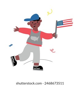 Flag Day design concept. Vector illustration of national american holiday with US flag. Used for festive poster, card etc. For 4th of July USA happy independence day. American symbol. Kid whith flag.