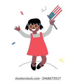 Flag Day design concept. Vector illustration of national american holiday with US flag. Used for festive poster, card etc. For 4th of July USA happy independence day. American symbol. Kid whith flag.