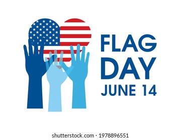 Flag Day June 14 Poster with american heart flag shape and hands up vector. American flag and raised hands icon vector isolated on a white background. Important day