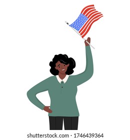 Flag Day. Nice vector flat illustration in cartoon style with afro american woman with the American flag in her hand. Illustration in honor of the national holiday of Flag Day on June 14.