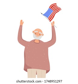 Flag Day. Nice vector flat illustration in cartoon style with old man with the American flag in his hand. Illustration in honor of the national holiday of Flag Day on June 14.
