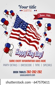 Flag day poster with USA flag and white, blue and red balloons.