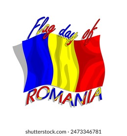 Flag Day of Romania event banner. Flying Romanian flag with colorful decorated bold text on white background to celebrate on June 26th