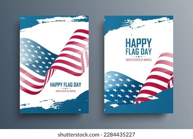 Flag Day. United States Flag Day celebration posters with waving American national flag and blue brush strokes. USA national holiday set. Vector illustration.