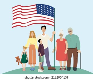 Tag der Flagge in den Vereinigten Staaten, Vektorgrafik. Familie, die den Tag der Flagge feiert, Vater, der Flagge hält, Menschen Illustration im Cartoon-Stil, isoliert. Große amerikanische Flagge.