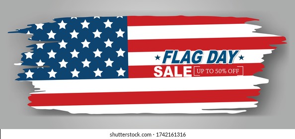 Flag Day USA sale banner or header. United States of America national Old Glory, The Stars and Stripes. 14 June American holiday. Vector illustration.