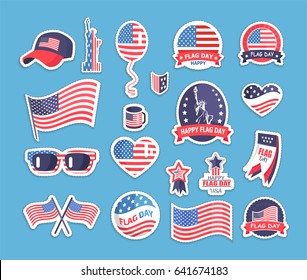 Flag Day of the USA themed souvenirs collection. Funny glasses, stylish cap, patriotic stickers and pocket calendar vector illustrations.