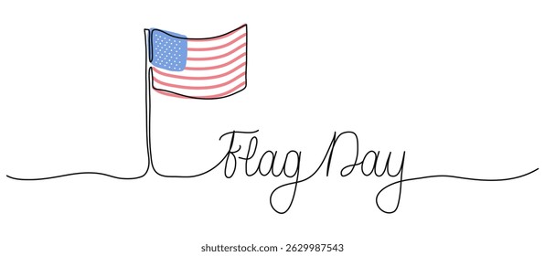 Flag Day USA words in continuous one line art style. Minimalist black drawing of phrase on white background. Hand drawn quote with editable stroke. Outline handwritten script.