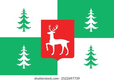 Uma bandeira com um veado nela e árvores ao fundo. O veado é vermelho e branco
