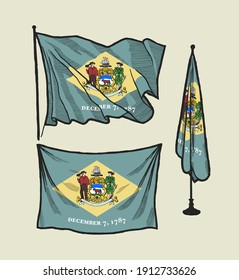 Flag of Delaware on the wind and on the wall illustration set