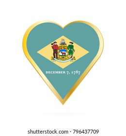 Flag of Delaware in the shape of Heart, symbol of Love Gold version.