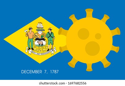 Flag of Delaware State With Outbreak Viruses Background of USA State flag. Novel Coronavirus Disease COVID-19. Coronavirus Infection And The Epidemic In America. USA Lockdown.