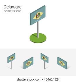 Flag of Delaware (State of Delaware, USA), vector set of isometric flat icons, 3D style, different views. Editable design element for banner, website, presentation, infographic, poster, map. Eps 10