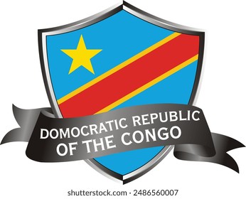 Flag of democratic republic of the congo as around the metal silver shield with democratic republic of the congo flag